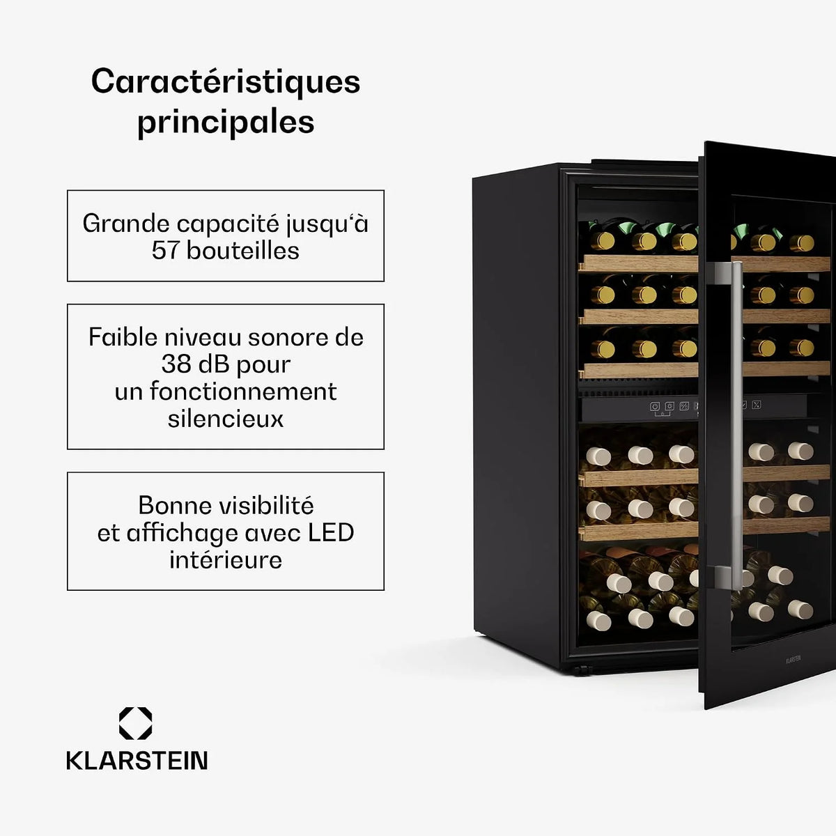 Klarstein Vinsider 57 Duo Chłodziarka do wina 2 strefy - 57 butelek, 5-22 °C, Cicha 38 dB, Do zabudowy, Szkło z ochroną UV, Drewniane półki, Stal nierdzewna, R600a