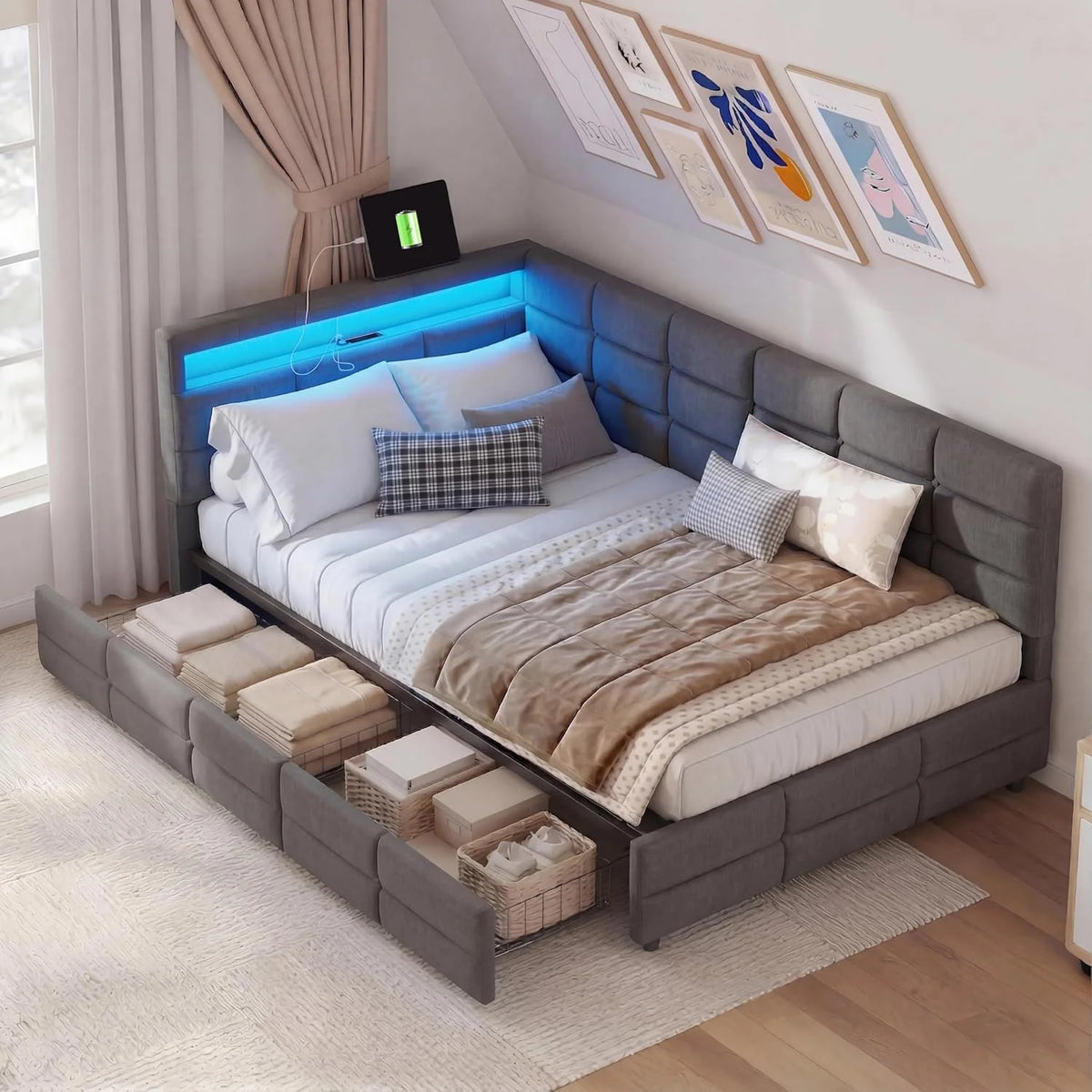 łóżko tapicerowane, 90 x 200 cm z gniazdami LED i USB, łóżko młodzieżowe ze stelażem z drewna i 2 szufladami, łóżko dziecięce, sofa do spania, łóżko dzienne, rama łóżka, len, kolor szary, bez