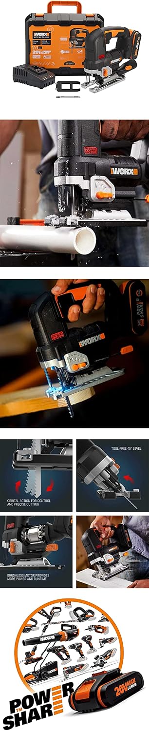 WORX Nitro WX542 akumulatorowa wyrzynarka wahadłowa 20 V, silnik bezszczotkowy, profesjonalna wyrzynarka z adapterem ssącym, idealna również do cięcia ukośnego, kompatybilna z PowerShare, z