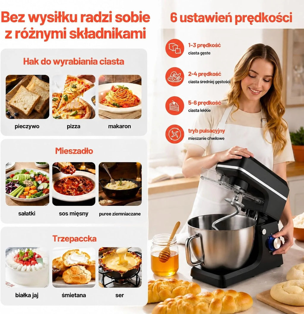 Mikser planetarny 1400 W, misa ze stali nierdzewnej 7,84 L, głowica uchylna, 6 biegów puls, hak, trzepaczka, skrobak, czarny