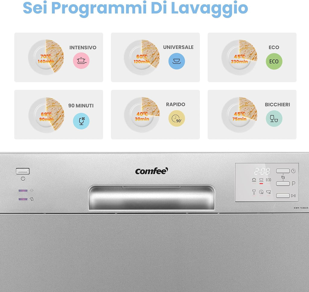 COMFEE Kompaktowa zmywarka CDWMT0602ESD-EU mini zmywarka z 6 sztućcami, 6 programów, klasa D, wyświetlacz LED, opóźniony start, intensywny cykl H-TEMP do 70°C, poziom hałasu 47 dB - srebrna