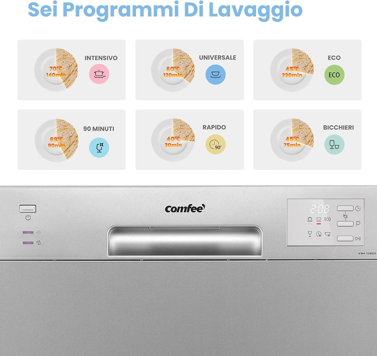 COMFEE Kompaktowa zmywarka CDWMT0602ESD-EU mini zmywarka z 6 sztućcami, 6 programów, klasa D, wyświetlacz LED, opóźniony start, intensywny cykl H-TEMP do 70°C, poziom hałasu 47 dB - srebrna