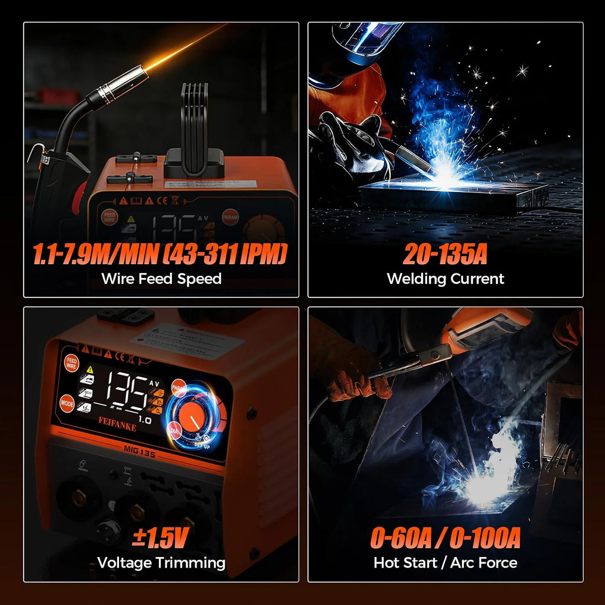 FEIFANKE MIG135 Spawarka bezgazowa 135A 230V inwerter spawarka inwerterowa IGBT Mini Synergistyczna 3 w 1 TIG spawarka elektrodowa drut szybki posuw kompatybilny z drutem E308LFC-O