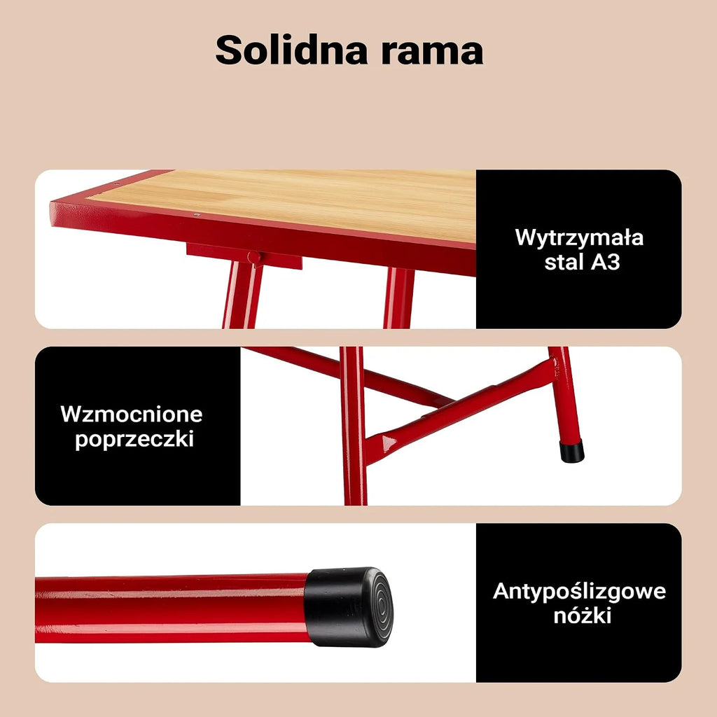 Wiltec Stół warsztatowy składany 120 x 62,5 x 83 cm, stelaż czerwony, przenośne stanowisko do pracy do 300 kg nośności