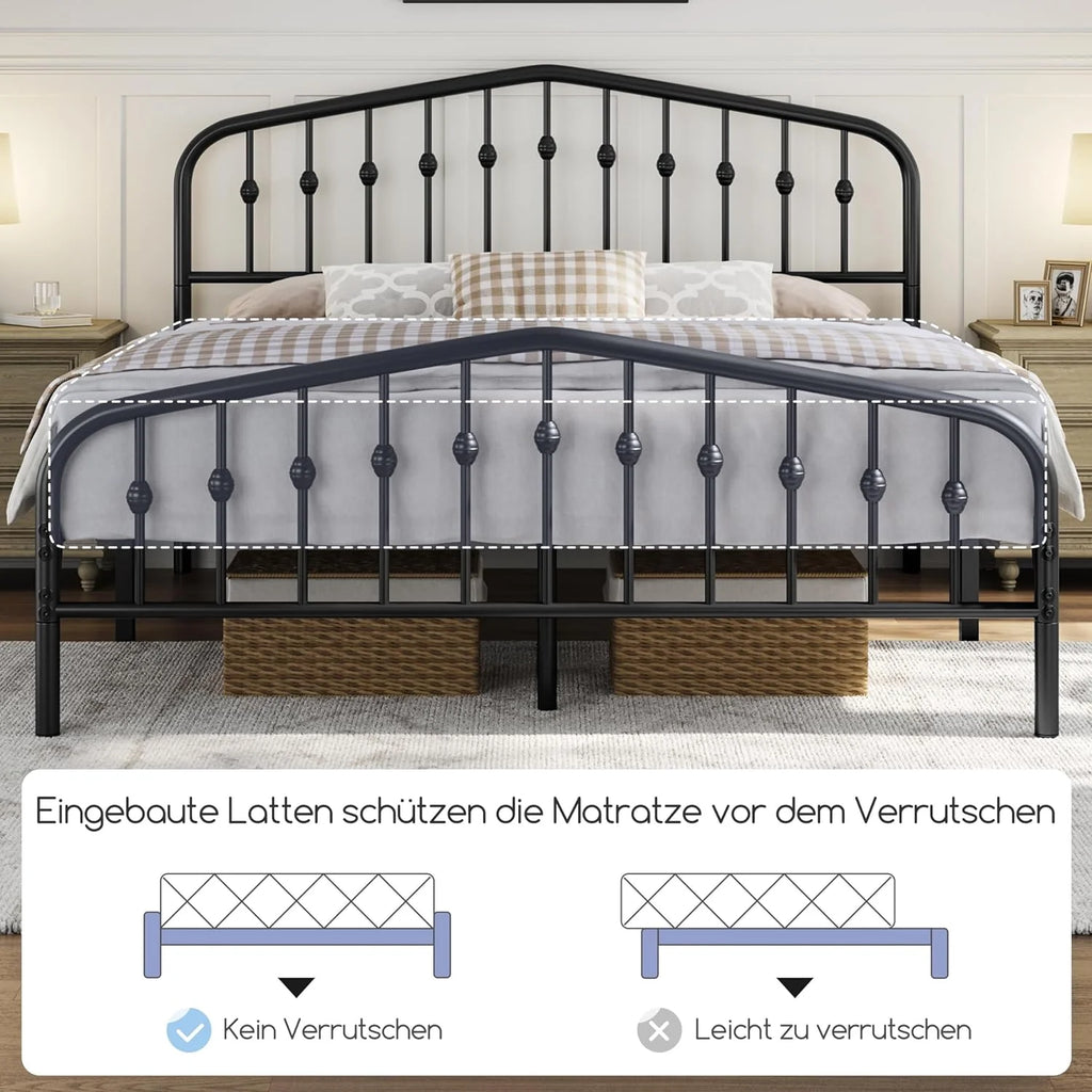 Yaheetech Rama łóżka 160 x 200 cm, metalowe łóżko w stylu vintage z zagłówkiem w kształcie korony, solidna rama łóżka podwójne łóżko wykonane z metalu, łóżko dla gości łóżko dzienne, czarne