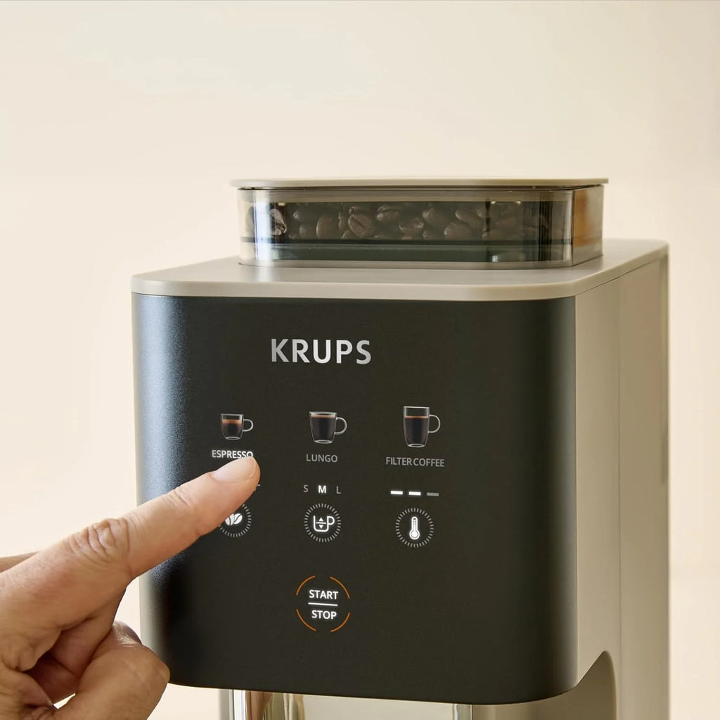 Krups Coffee Crush SA402AE0 Ekspres do kawy ciśnieniowy kolbowy z młynkiem, młynek ze stali nierdzewnej, tylko 15 cm szerokości, inteligentny panel sterowania, ciśnienie 15 barów