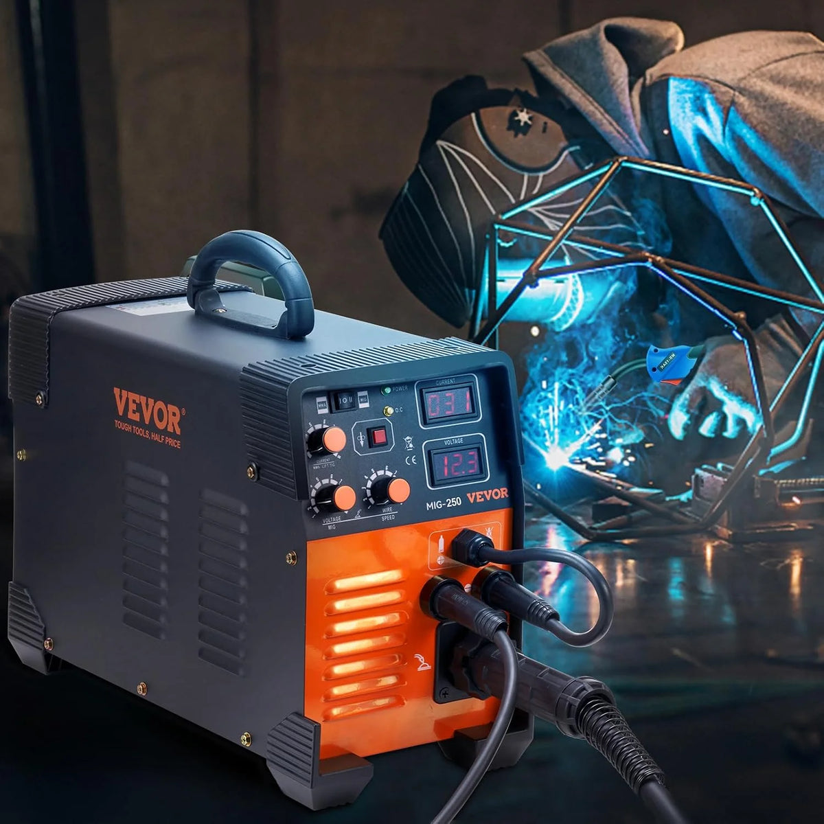VEVOR Spawarka MIG/MMA/TIG 3 w 1 50–250 A, spawanie drutem wypełniającym (0,8 mm i 1 mm), technologia IGBT 2,2-12 m/min, prędkość drutu 5,6 kVA, znamionowa moc wejściowa, stopień ochrony IP21S