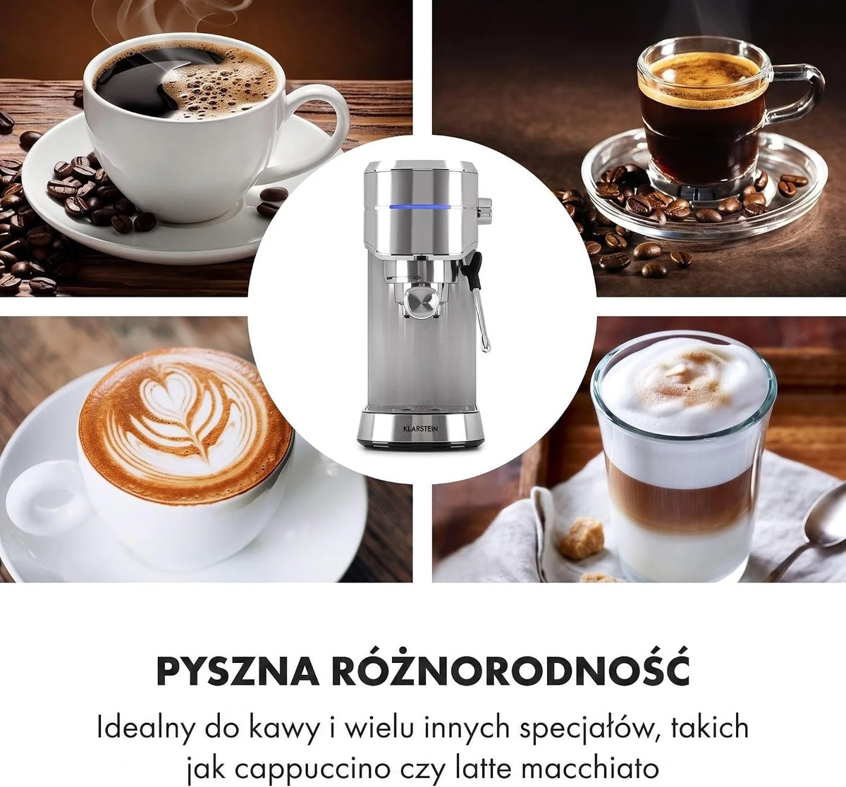 Klarstein Futura Ekspres do kawy, Ekspres kolbowy 1450 W, 20 barów, Jakość barista, Podwójny wylot, Stop przepływu, Kolbowy do kawy, Funkcja spieniania mleka, srebrny