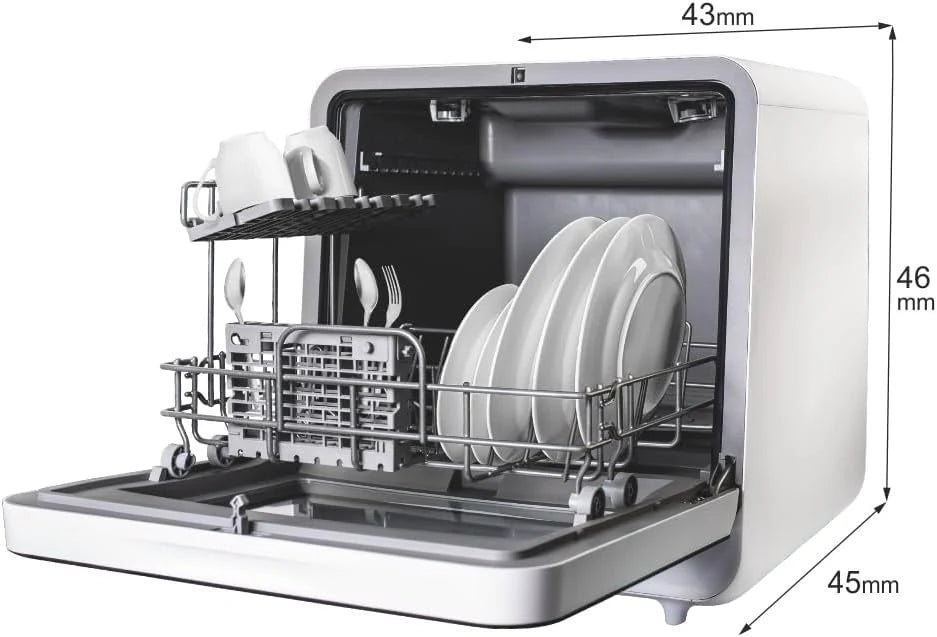 Yolco DWM02 Kompaktowa zmywarka stołowa 5L – Mini zmywarka na 2–3 komplety naczyń, wolnostojąca, 6 programów, 75°C gorąca woda, zbiornik na wodę i podłączenie wody, idealna do kuchni, mieszkania