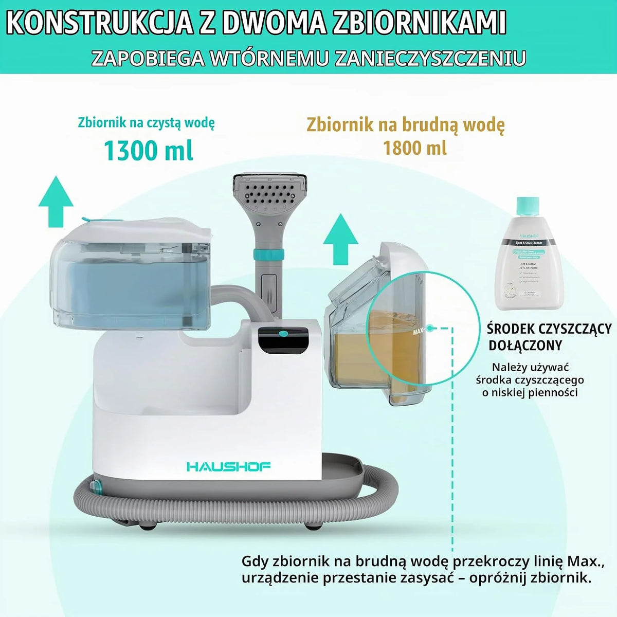 HAUSHOF StainZapper Vapo przenośna myjka parowa 1200 W, podkładka lawowa 1,8 l z ogrzewaniem do siedzeń samochodowych, dywanów i dywanów, myjka parowa do kuchni i łazienek z 750 ml środkiem