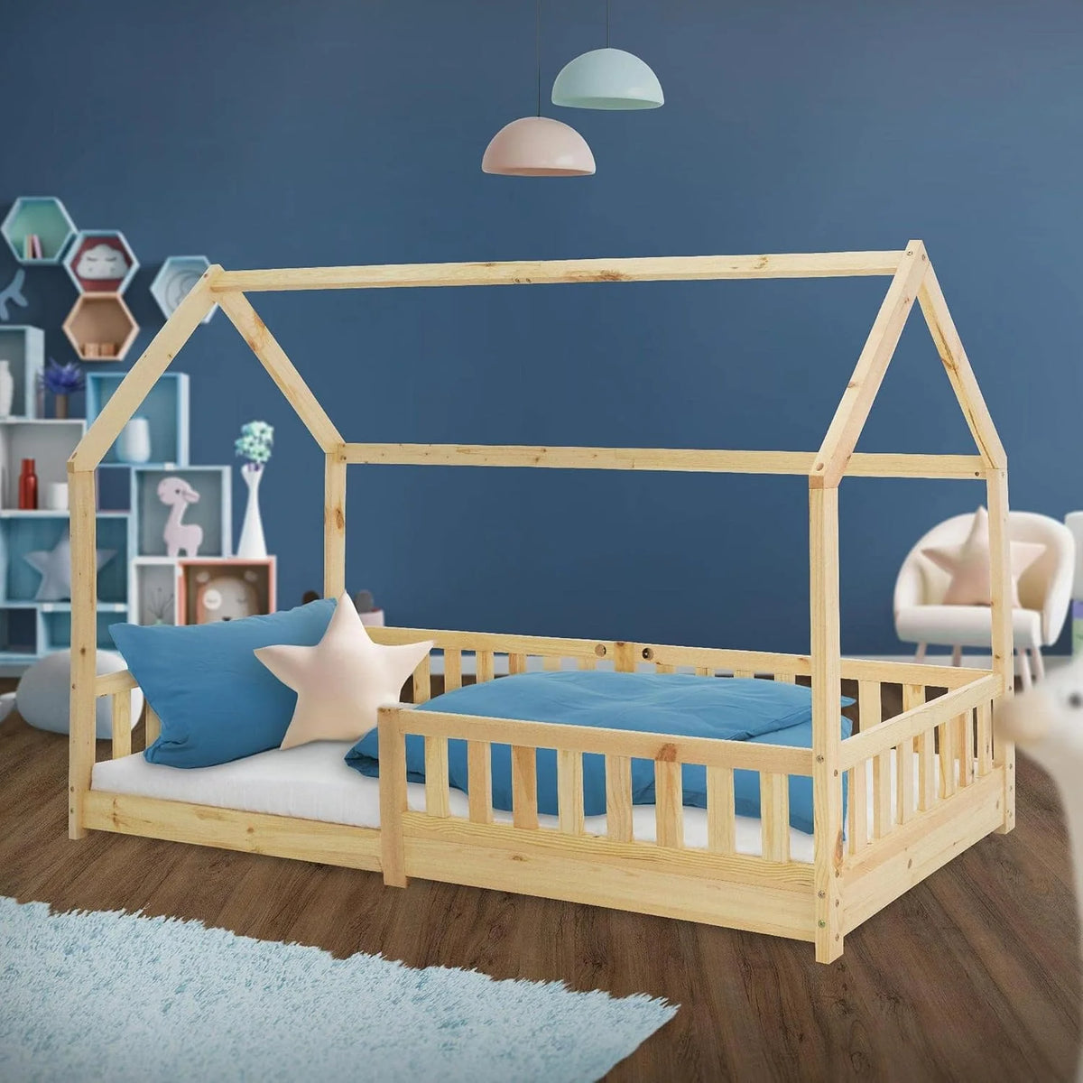 ML-Design lózko dzieciece 90x200 cm z zabezpieczeniem przed wypadaniem, dachem i stelazem listwowym, naturalne, lózko dzieciece z litego drewna, lózko domowe dla dziewczynek/chlopców, domek do spania
