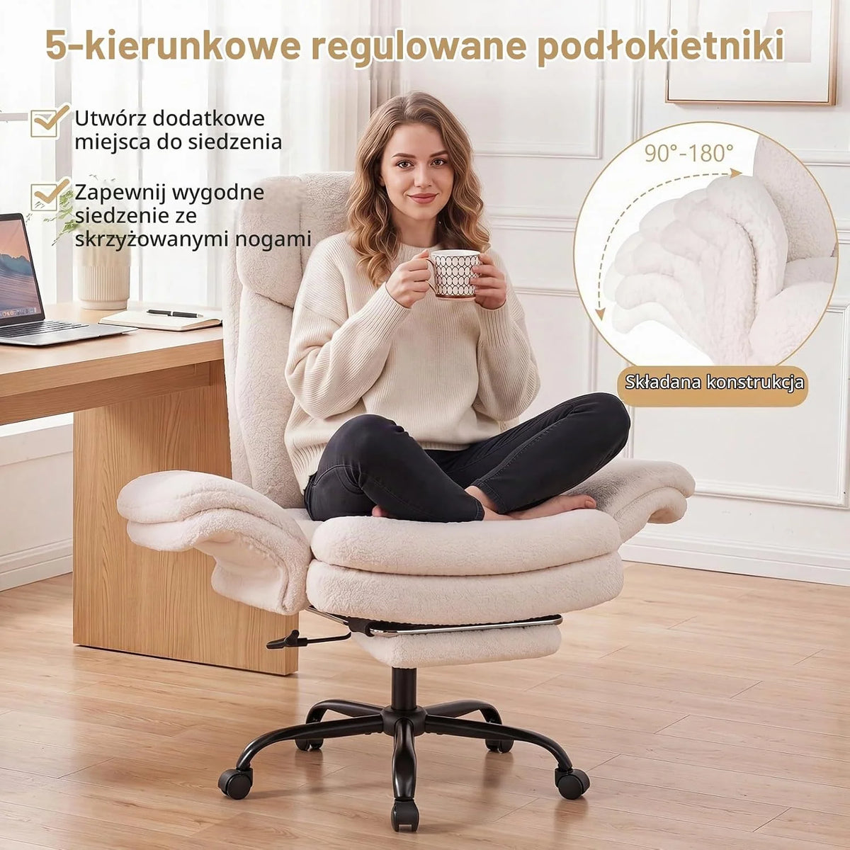 COSTWAY Krzesło biurowe z podnóżkiem, 5-stopniowo regulowane podłokietniki