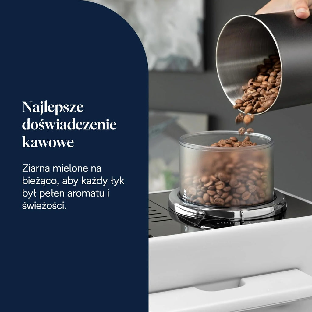 De'Longhi Rivelia EXAM440.55.W, superautomatyczny ekspres do kawy z LatteCrema Hot, automatyczny spieniacz do mleka, kompaktowy rozmiar, 16 przepisów, kolorowy ekran dotykowy, arktyczna biel