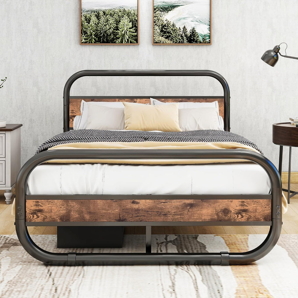 HOMERECOMMEND Metalowa Rama Łóżka 120 x 200 cm z Zagłówkiem, Metalowa i Drewniana Rama z Lamelami, Owalna Platforma z Miejscem do Przechowywania pod Łóżkiem, Brązowa