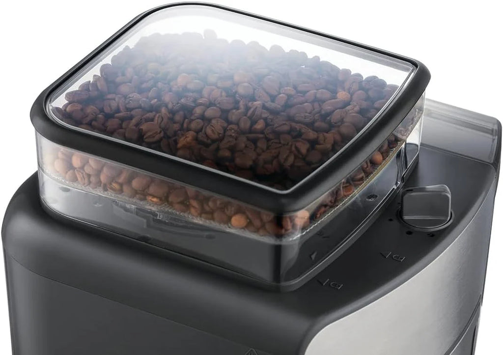 Russell Hobbs ekspres do kawy, wbudowany młynek, regulacja mocy zaparzenia kawy, programowalny timer, podtrzymywanie temperatury, pojemność 1,25l, moc 1000W, srebrny, Grind&Brew 25610-56