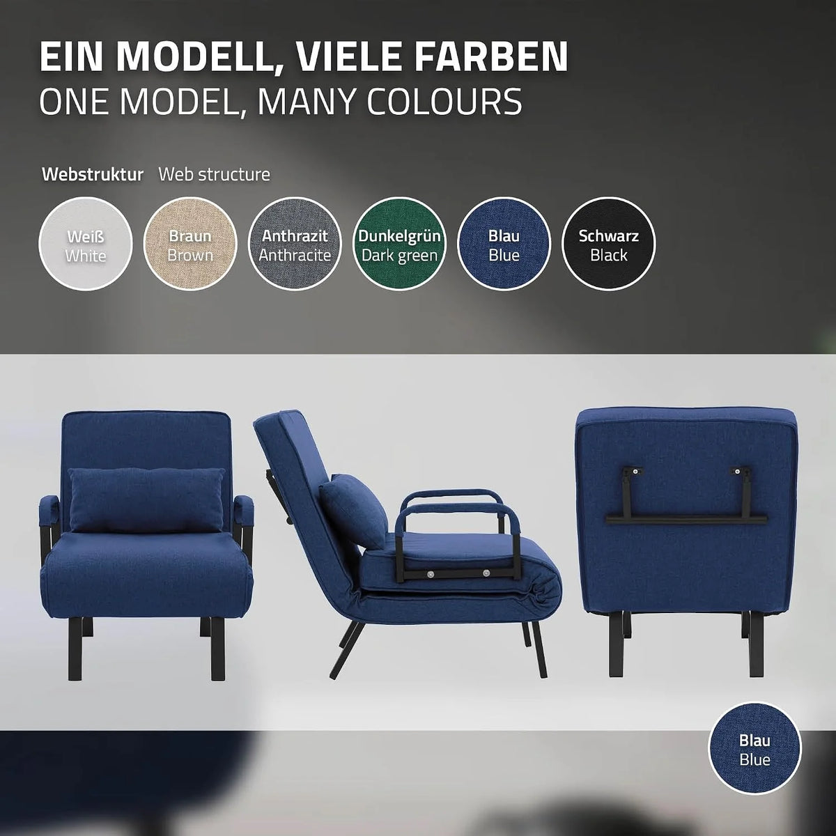 ML-Design Fotel Rozkladany 3 w 1 z Funkcja Spania, Skladany z Regulowanym Oparciem, Rozkladana Sofa dla Gosci, Lózko Jednoosobowe, Stelaz Stalowy, Miekka Tkanina Chenille, Wygodny do Salonu, Niebieski