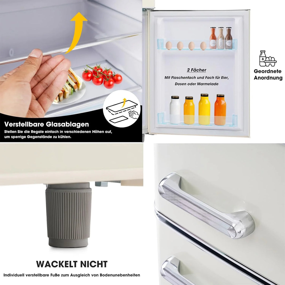Lodówka w stylu retro, model z podwójnymi drzwiami, pojemność lodówki 51 litrów, zamrażarka 21 litrów, zużycie energii 120 kWh/rok, oświetlenie LED, kompaktowa i energooszczędna White