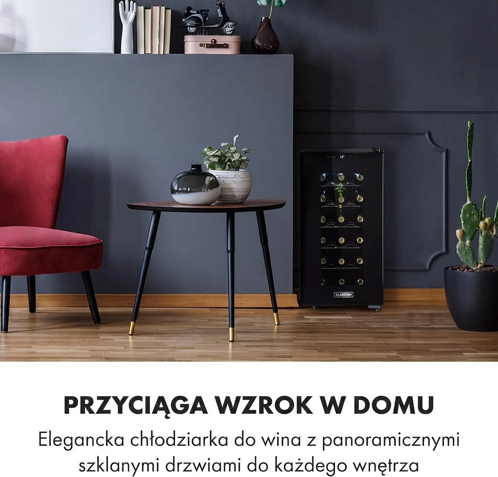Klarstein Chłodziarka do wina, Wąska lodówka na napoje, 1 strefa, chłodziarka ze szklanymi drzwiami, Wolnostojące zewnętrzne lodówki, Mała do wina, Ochrona UV, 11-18°C, 18 butelek