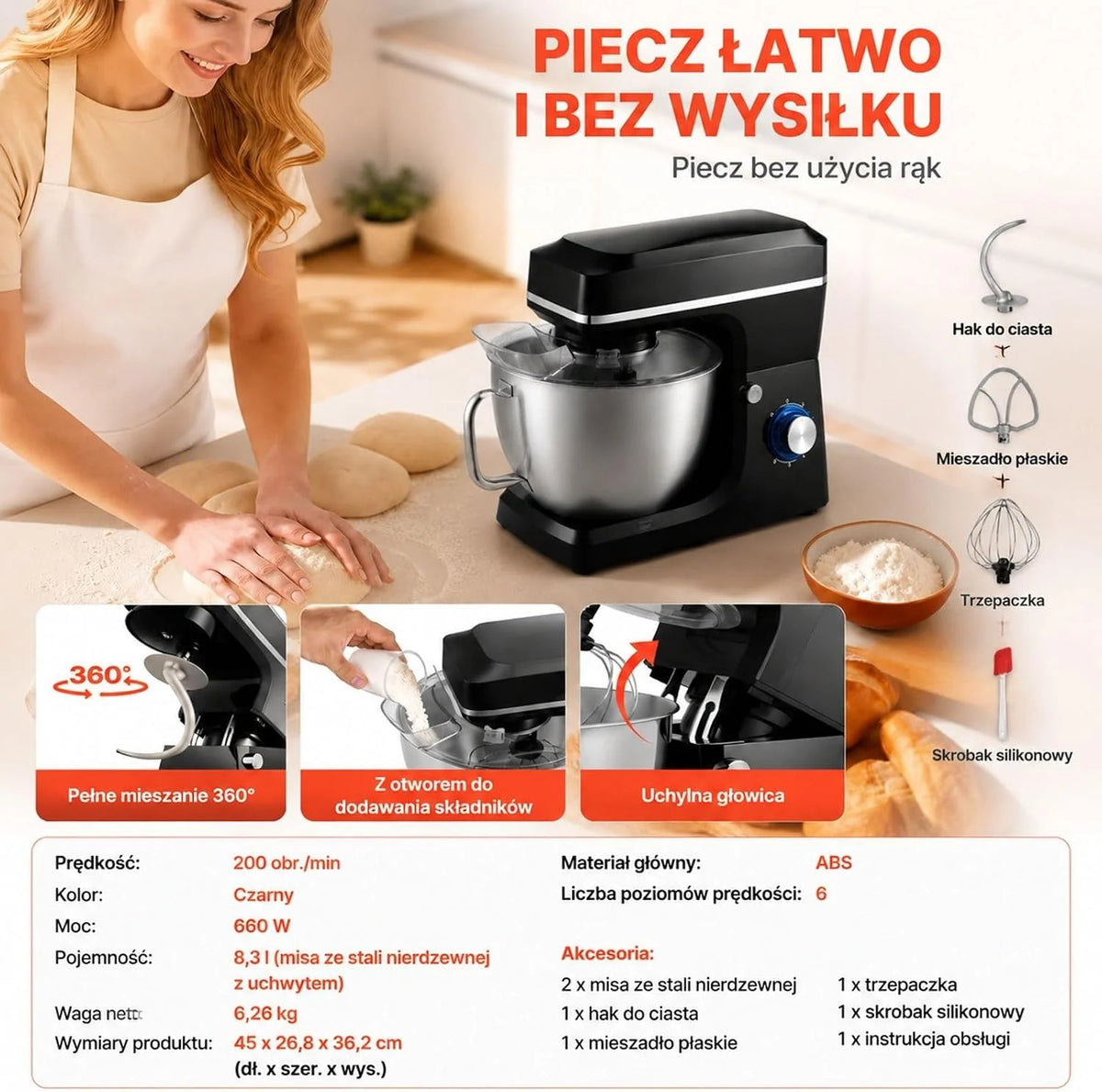Mikser planetarny 1400 W, misa ze stali nierdzewnej 7,84 L, głowica uchylna, 6 biegów puls, hak, trzepaczka, skrobak, czarny