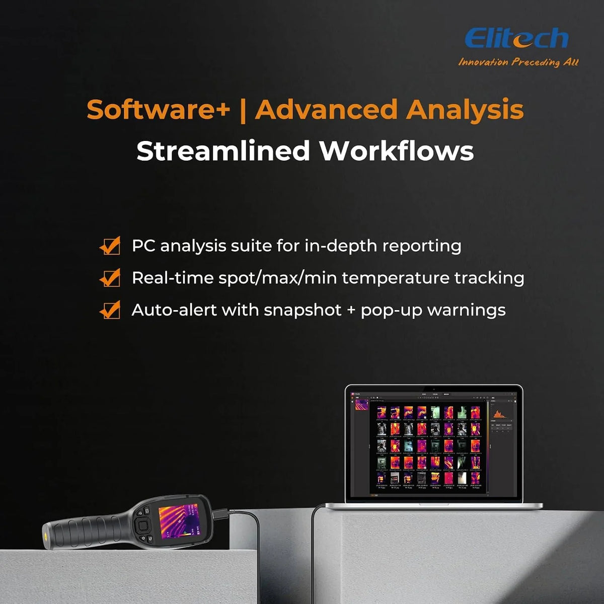 Elitech Kamera termowizyjna 256 x 192, rozdzielczość IR, częstotliwość odświeżania 25 Hz, kamera widokowa 2 MP, wyświetlacz LCD 3,5", IP54, wodoszczelna i pyłoszczelna, USB-C, -20°C do 550°C, dla