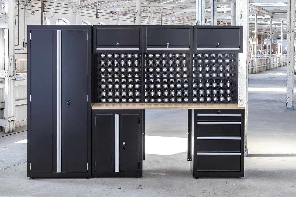 Ondis24 XL Kompletny Zestaw Warsztatowy 260 cm, wstępnie zmontowany, modułowy, kierunek warsztatowy z drewnianą płytą roboczą, szafy na narzędzia, stół warsztatowy z szufladami (9-częściowy)
