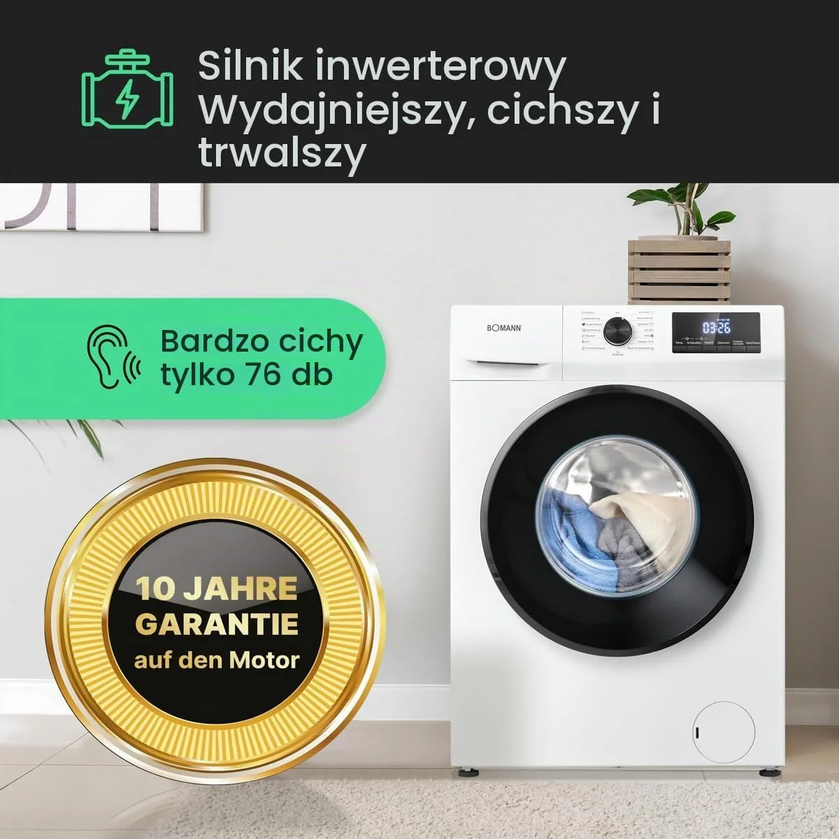 Bomann® Pralka 7 kg | maks. 1400 obr./min | 10 lat na silnik | wydajny, cichy i trwały silnik inwertorowy | 15 programów | wyświetlacz LED | Washing Machine | WA 7175 biało-czarna