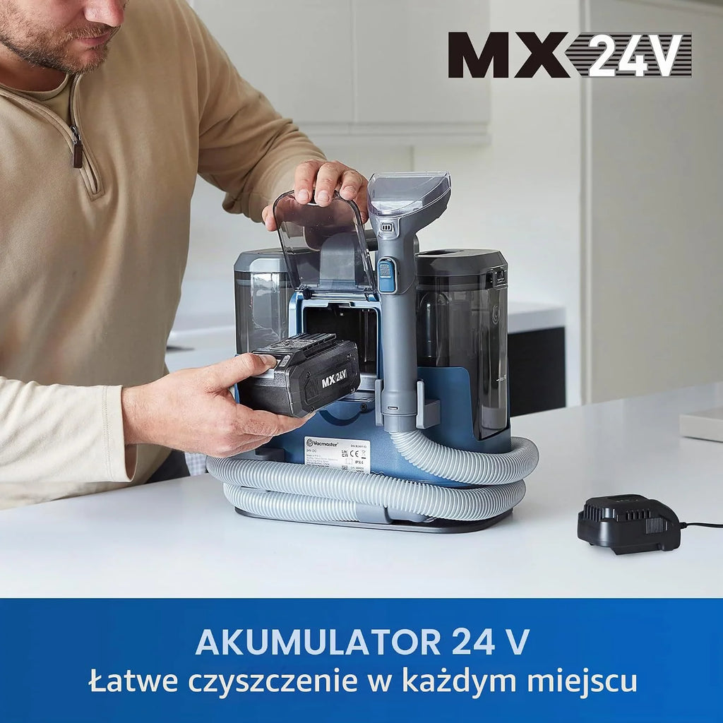 Vacmaster Bezprzewodowy odkurzacz do dywanów, dywanów, tapicerek, schodów i samochodów, odkurzacz na mokro i sucho, duża siła ssąca, do mycia wodą, odkażanie, 15 kPa, 24 V