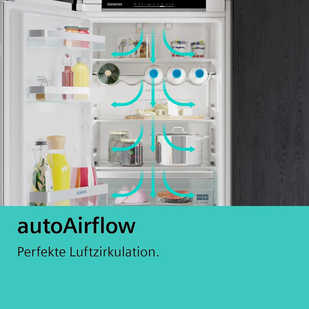 Siemens KI42LVFE0 iQ300 lodówka do zabudowy z zamrażarką, wnęka 122,5 x 56 cm, płaski zawias, 187 l, supercooling – szybsze chłodzenie, oświetlenie LED, równomierne oświetlenie