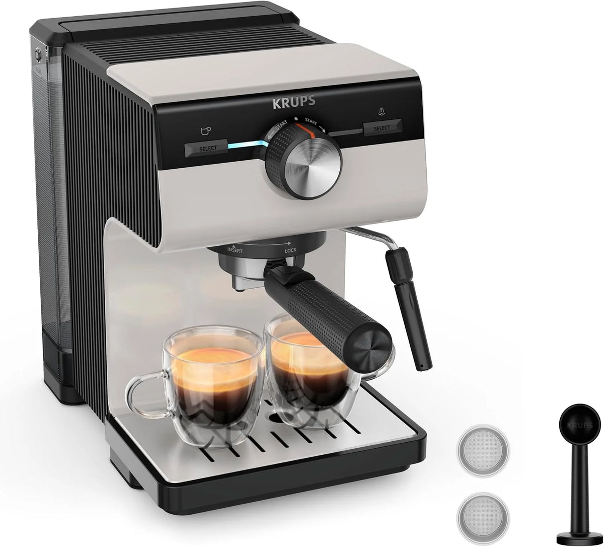 KRUPS XP381B10 Authentic ekspres do kawy, 15 bar, intuicyjna obsługa, system Thermoblock, zintegrowana dysza parowa, łatwe opróżnianie kolby, zbiornik na wodę 2 l, w zestawie filtry, szary/kremowy