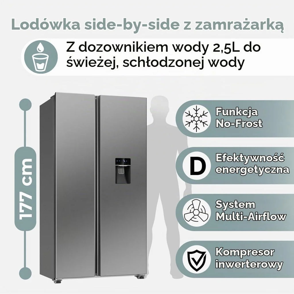Lodówka typu side-by-side Bomann®, Dystrybutor wody ze zbiornikiem, Klasa energetyczna D, 177 cm, NoFrost, 5-letnia gwarancja na kompresor, Lodówka z zamrażalnikiem, System MultiAirflow