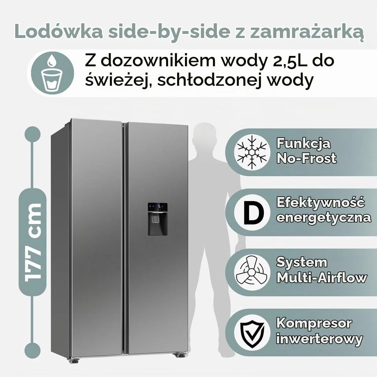 Lodówka typu side-by-side Bomann®, Dystrybutor wody ze zbiornikiem, Klasa energetyczna D, 177 cm, NoFrost, 5-letnia gwarancja na kompresor, Lodówka z zamrażalnikiem, System MultiAirflow