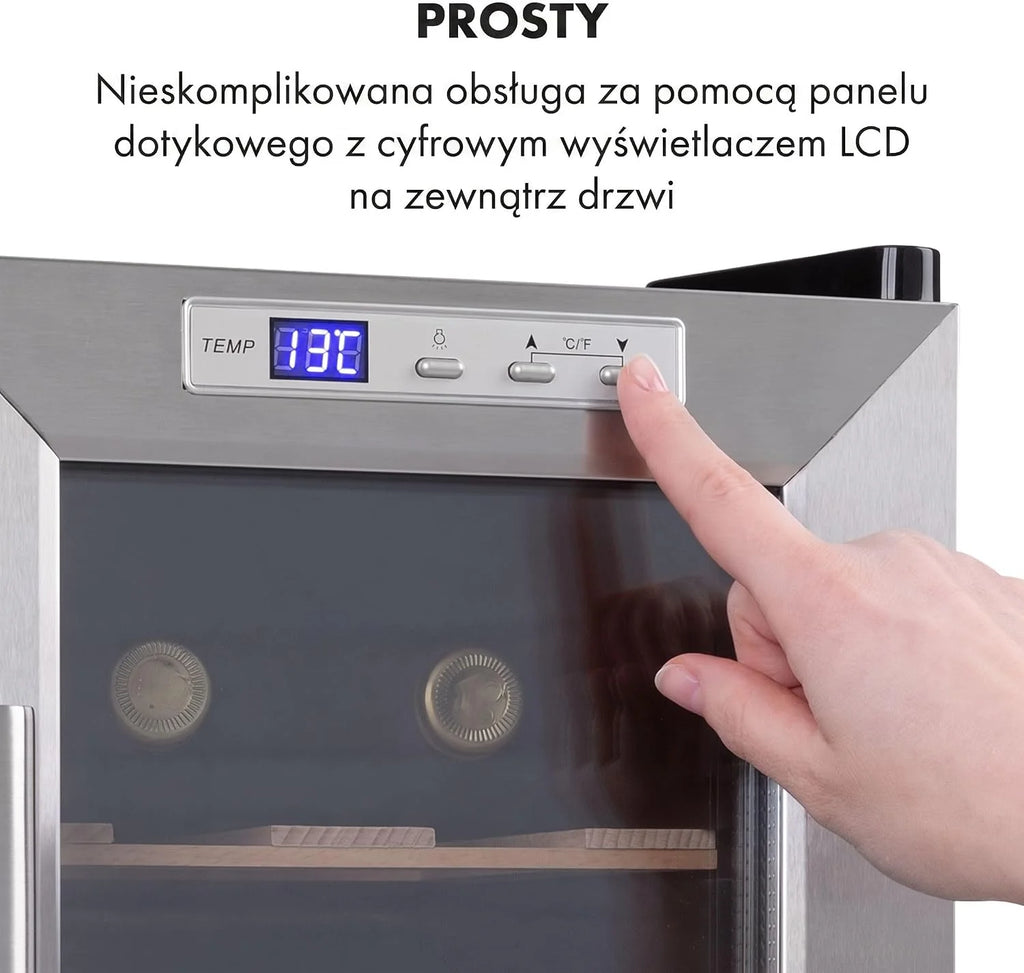 Klarstein Chłodziarka do wina, Wąska lodówka na napoje, 1 strefa, lodówka ze szklanymi drzwiami, Zewnętrzne lodówki wolnostojące, Mała chłodziarka do wina, z ochroną UV, 11-18°C, 6 butelek