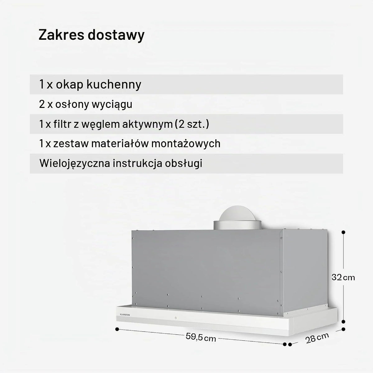 Klarstein Okap kuchenny, Velaire 60cm, podblatowy, rozsuwanyy, 896 m³/h boost, dotykowy, klasa energetyczna A++, LED, cichy, aluminiowy i z filtrem z węglem aktywnym, podblatowy kuchnia, biały