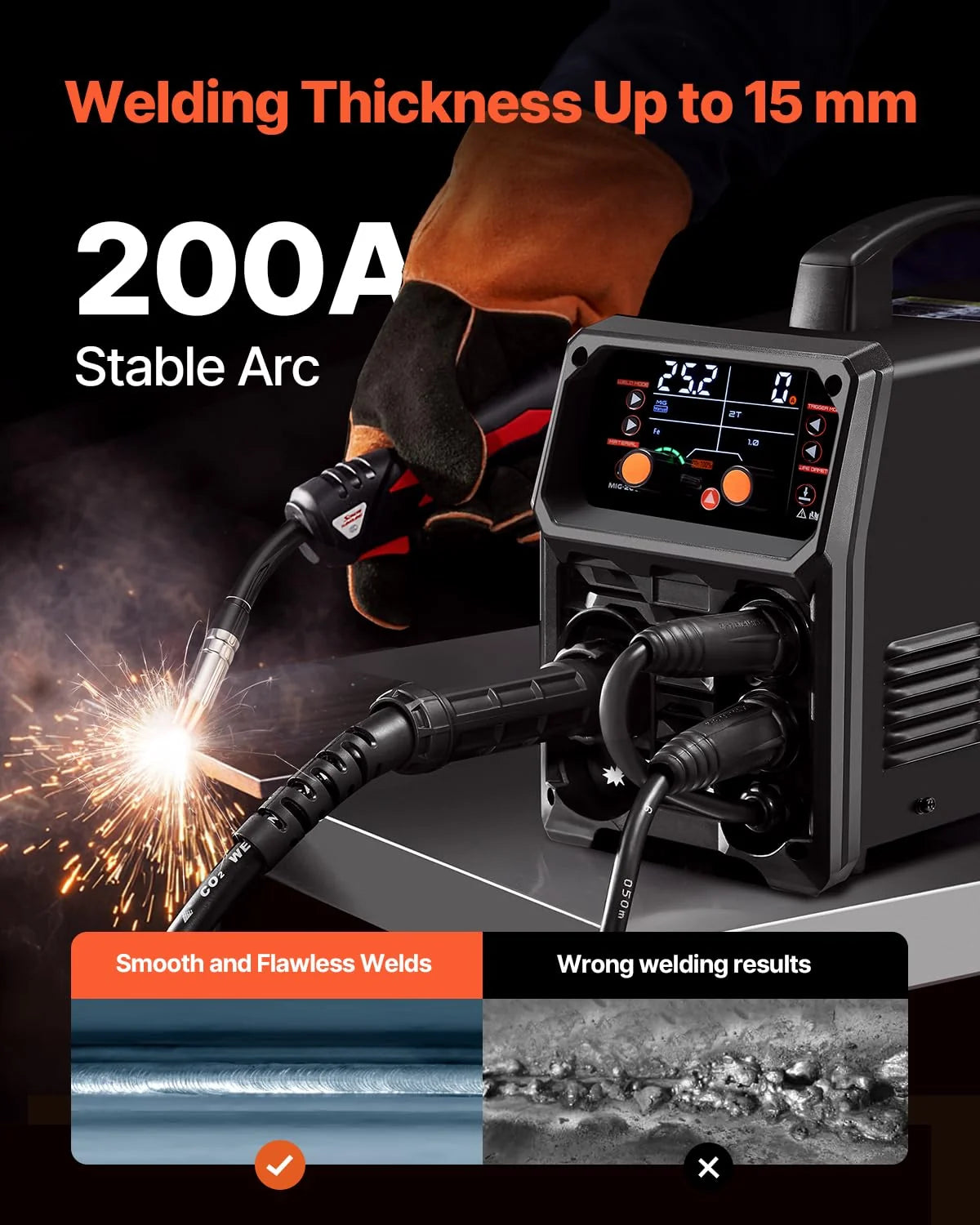 VEVOR Spawarka MIG, 200 A, spawarka synergiczna, przenośna spawarka wieloprocesowa MIG bezgazowa MMA Lift TIG 4 w 1, wydajny spawacz z technologią inwertera IGBT, wyświetlacz LCD