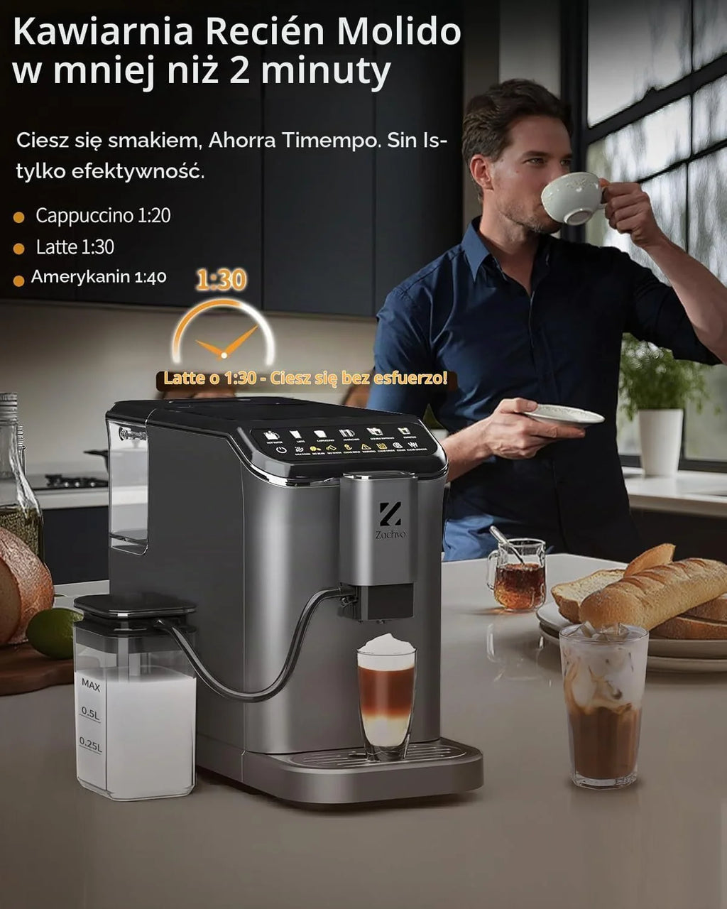 W pełni automatyczny ekspres do kawy, intuicyjny kolorowy wyświetlacz, 1350 W, 1500 ml