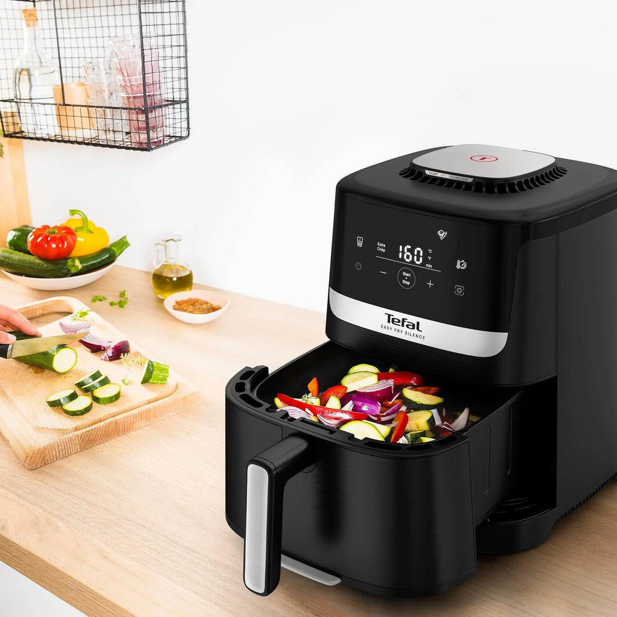 TEFAL EY5528 Frytkownica beztłuszczowa Easy Fry Silence cicha praca, 1670W, 10 programów, pojemność 5l, 99% mniej tłuszczu, Extra Crisp, odpinany uchwyt misy, łatwe czyszczenie, 40-220°C, czarna
