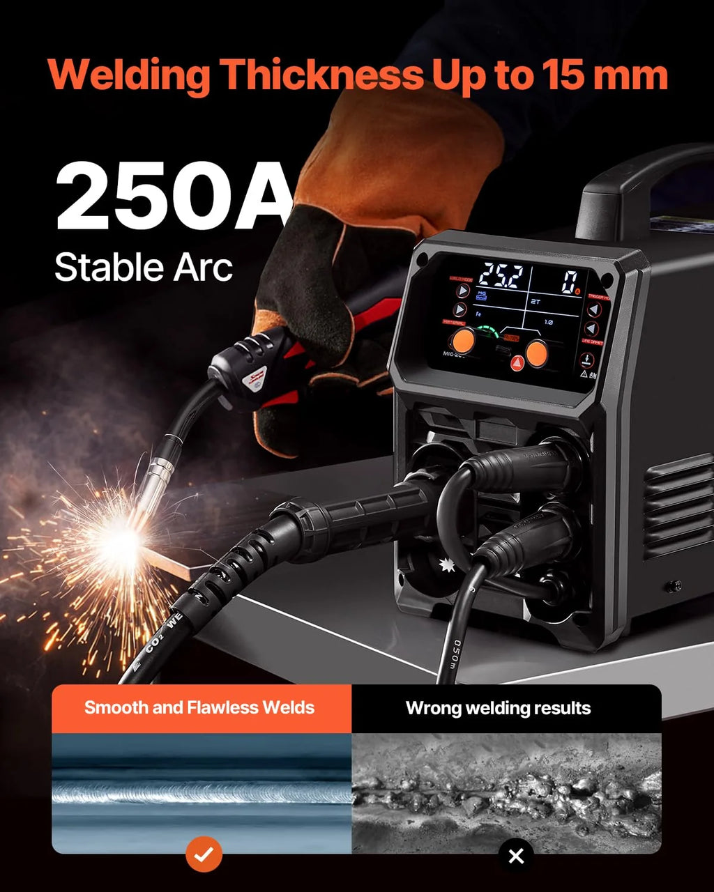 VEVOR Spawarka MIG, 250 A, spawarka synergiczna, przenośna spawarka gazowa MIG, bezgazowa, MMA, 5 w 1, z technologią Inverter IGBT, wyświetlacz LCD, latarka podnosząca TIG nie wchodzi w zakres dostawy