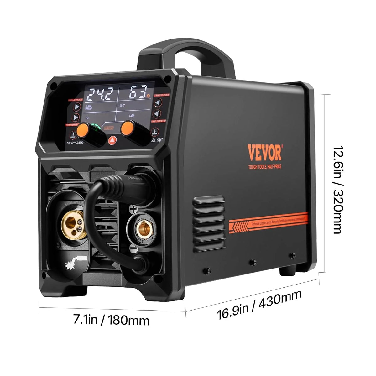 VEVOR Spawarka MIG, 250 A, spawarka synergiczna, przenośna spawarka gazowa MIG, bezgazowa, MMA, 5 w 1, z technologią Inverter IGBT, wyświetlacz LCD, latarka podnosząca TIG nie wchodzi w zakres dostawy