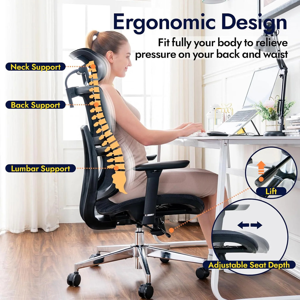 Ergonomiczne krzesło biurowe, ALL-Mesh wysokie oparcie, domowe krzesło biurowe, podparcie lędźwiowe, fotel gamingowy, regulowane podłokietniki i zagłówek 3D, duże i wysokie obrotowe krzesło