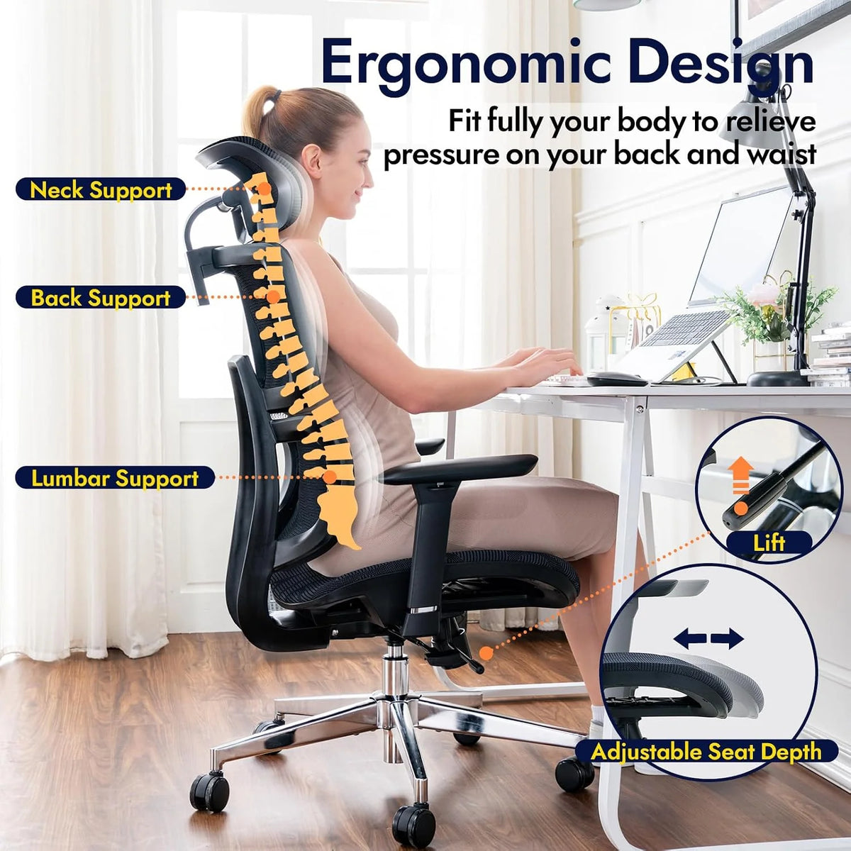 Ergonomiczne krzesło biurowe, ALL-Mesh wysokie oparcie, domowe krzesło biurowe, podparcie lędźwiowe, fotel gamingowy, regulowane podłokietniki i zagłówek 3D, duże i wysokie obrotowe krzesło