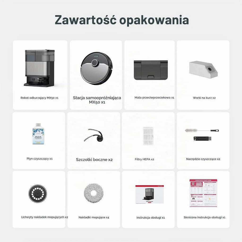 Ultenic MX50 Robot odkurzająco-mopujący 2w1, Automatyczna stacja czyszcząca All-in-One, do 180 min autonomii, Cicha praca ≤60 dB, WiFi/Alexa/Google Home, Do podłóg twardych i dywanów