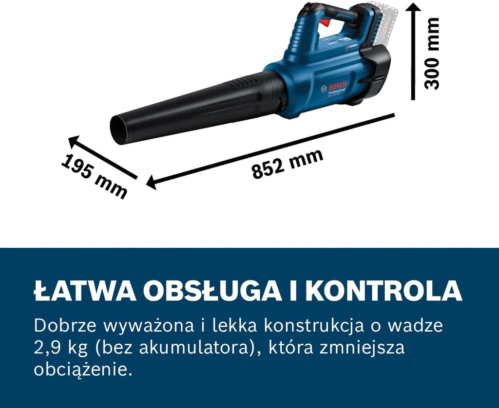 Bosch Professional system 18V: akumulatorowa dmuchawa BITURBO GBL 18V-750 (objętość przepływu 780 m³/h, prędkość przepływu powietrza do 198 km/h, regulacja prędkości obrotowej)