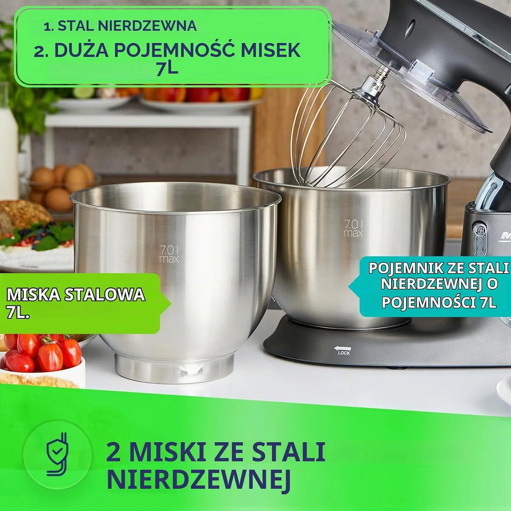 MPM Planetarny robot kuchenny MRK-23 – wielofunkcyjny mikser kuchenny 7 l – urządzenia kuchenne o wszechstronnym zastosowaniu, 2400 W, dwie miski, trzy wymienne trzepaczki