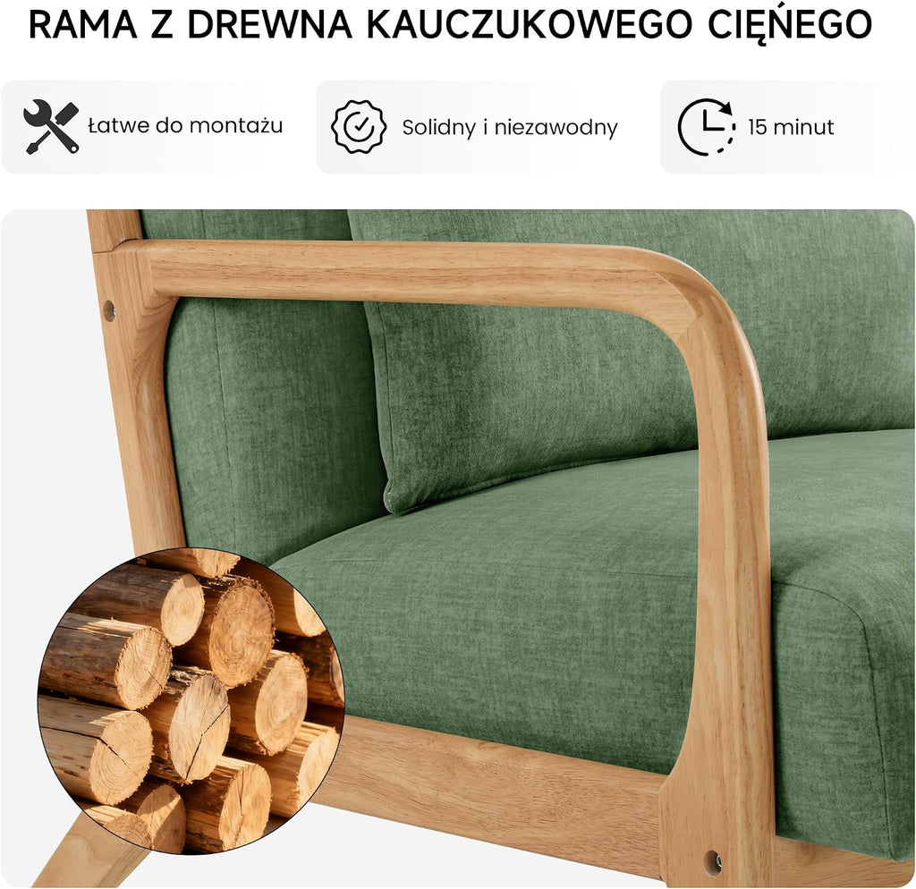 Nowoczesny fotel akcentujący z poduszką, fotel z podłokietnikami i ramą z drewna, tapicerowany fotel do czytania w stylu połowy wieku, do salonu i sypialni (kolor Zielony)