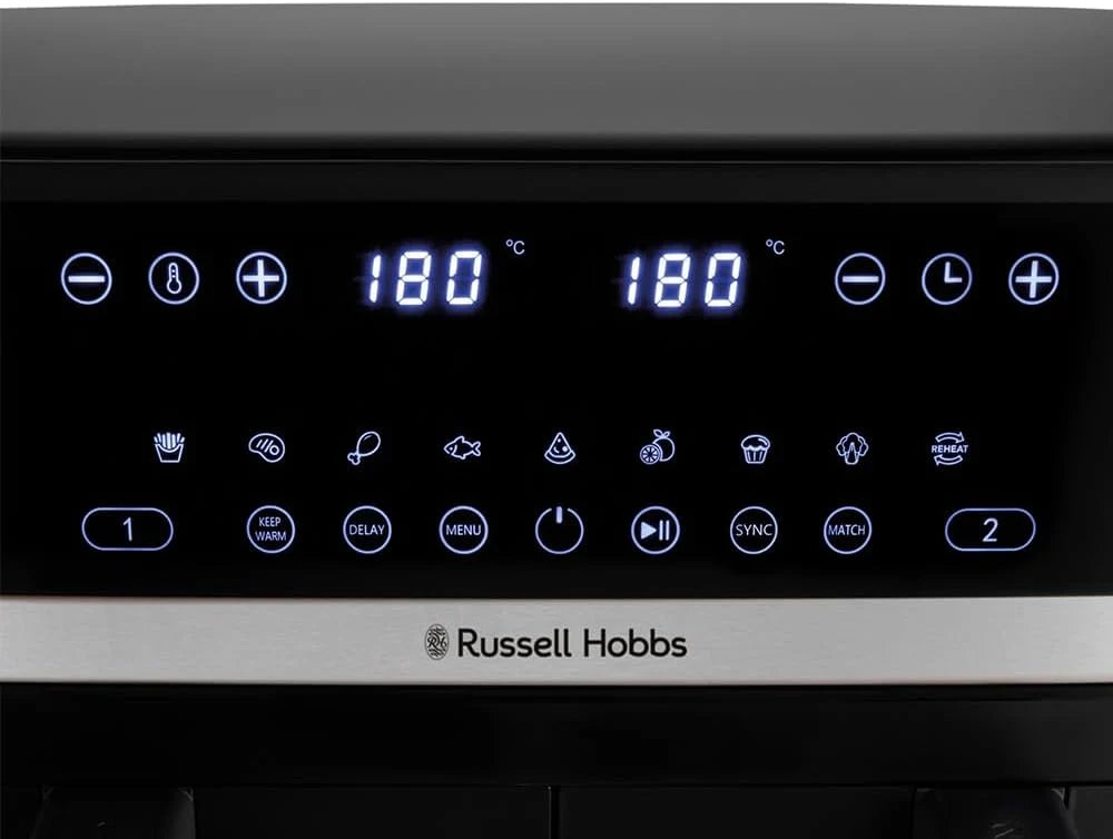 Russell Hobbs Frytkownica beztłuszczowa 9L Air Fryer [dwie komory/strefy, 9 programów] Satisfry (szuflady można myć w zmywarce, maks. 200℃, niski poziom hałasu, pieczenie bez oleju, 2800W) 27681-56
