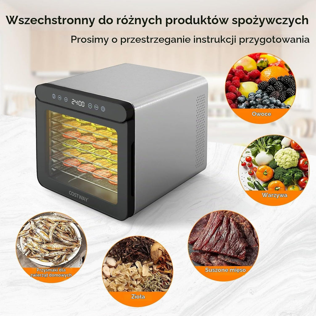COSTWAY Suszarka do żywności 600W z 7 tacami ze stali nierdzewnej, z timerem 24h i temperaturą 30-75℃, suszarka do mięsa, warzyw i owoców, 34 x 40,5 x 32cm