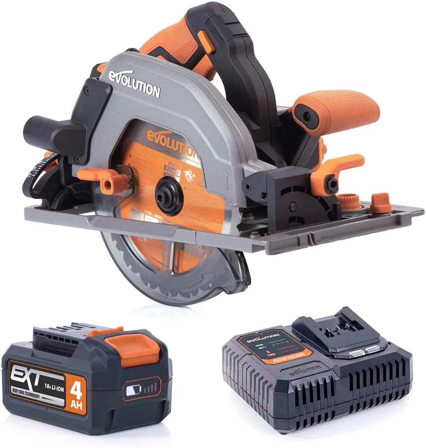 Evolution Power Tools R185CCSX-Li Pilarka tarczowa akumulatorowa 18v Li-Ion EXT z tarczą TCT do wielu materiałów, do cięcia drewna, metalu, plastiku, akumulator i ładowarka w zestawie, 185 mm