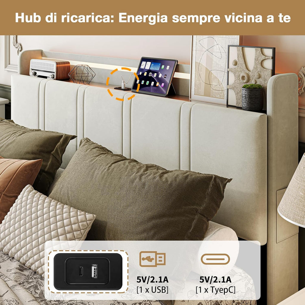 Łóżko podwójne 160 x 200 cm z 4 szufladami, rama łóżka z diodami LED i USB, łóżko tapicerowane z zagłówkiem z otwartą półką, beżowe