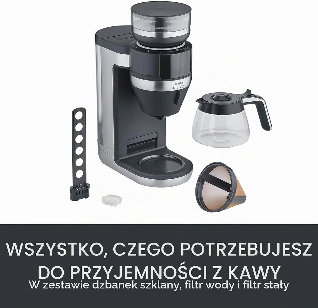 SEVERIN FILKA, w pełni automatyczny ekspres do kawy przelewowej, ekspres 5 w 1 z wyświetlaczem LED, młynkiem, dzbankiem szklanym, czarny matowy/stal nierdzewna, KA 9694