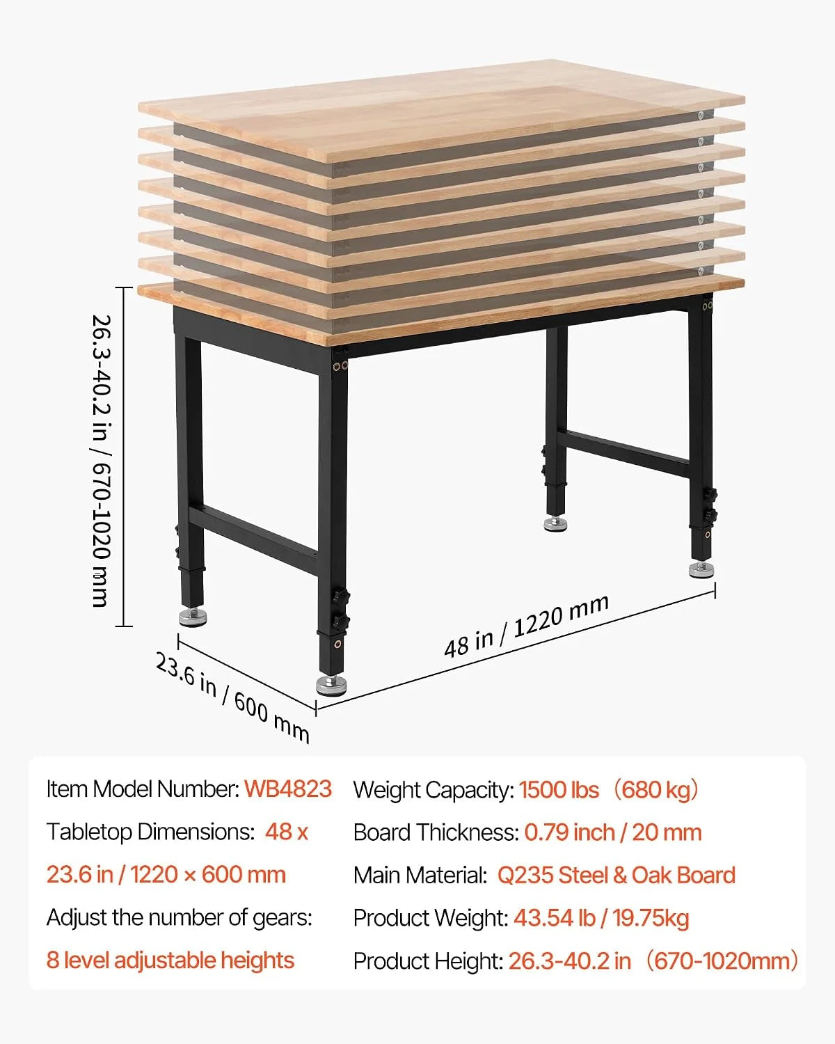 VEVOR Regulowany stół warsztatowy, nośność 680 kg, stół warsztatowy z drewna dębowego 122 x 61 cm, z regulacją wysokości 66-102 cm, drewniany stół roboczy